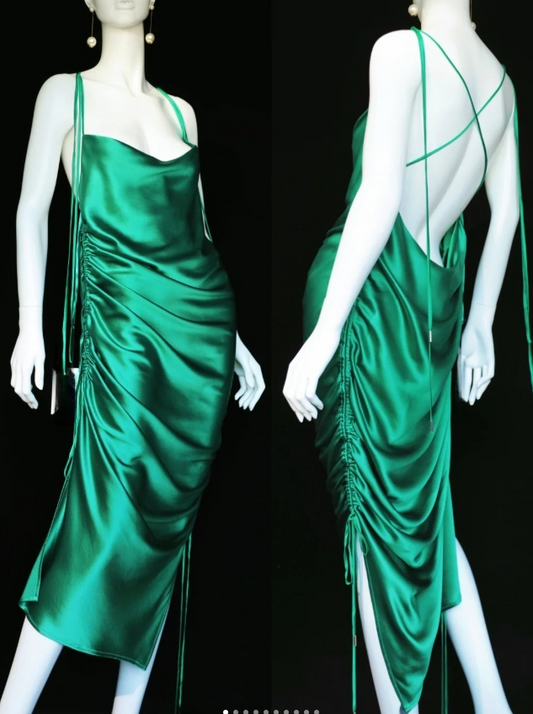 Sexy Spaghetti Strap Sheath Satin Backless Prom Dresses , Green Formal Evening Gowns ED04203