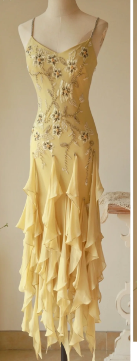 Vintage Spaghetti Strap Sheath Chiffon Beaded Long Prom Dresses , Yellow Formal Evening Dresses ED04205