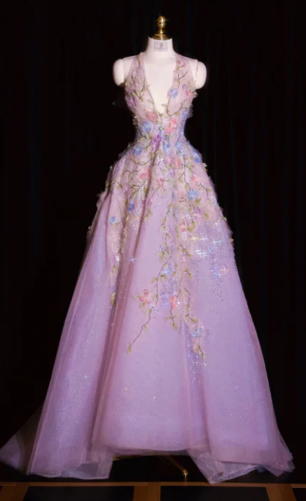 Fairy V-neck A-Line Tulle Applique Long Prom Dresses, Light Purple Formal Evening Dresses ED04206
