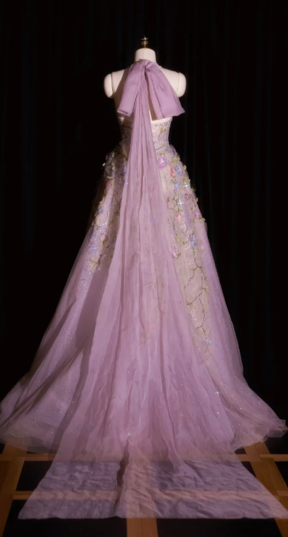 Fairy V-neck A-Line Tulle Applique Long Prom Dresses, Light Purple Formal Evening Dresses ED04206