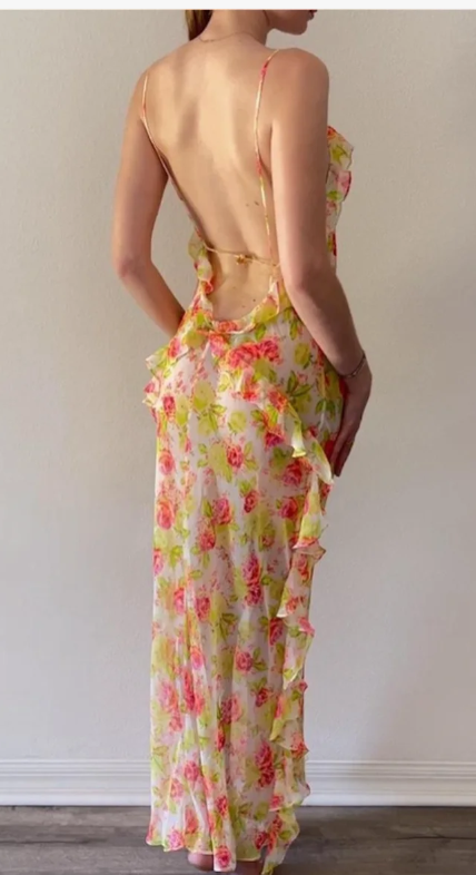 Sexy Spaghetti Strap Sheath Floral Chiffon Birthday Dresses, Backless Formal Evening Dresses ED04208