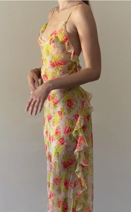 Sexy Spaghetti Strap Sheath Floral Chiffon Birthday Dresses, Backless Formal Evening Dresses ED04208