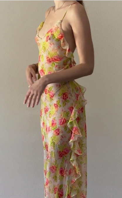 Sexy Spaghetti Strap Sheath Floral Chiffon Birthday Dresses, Backless Formal Evening Dresses ED04208