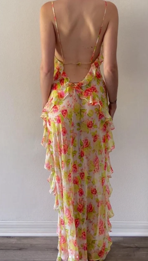 Sexy Spaghetti Strap Sheath Floral Chiffon Birthday Dresses, Backless Formal Evening Dresses ED04208