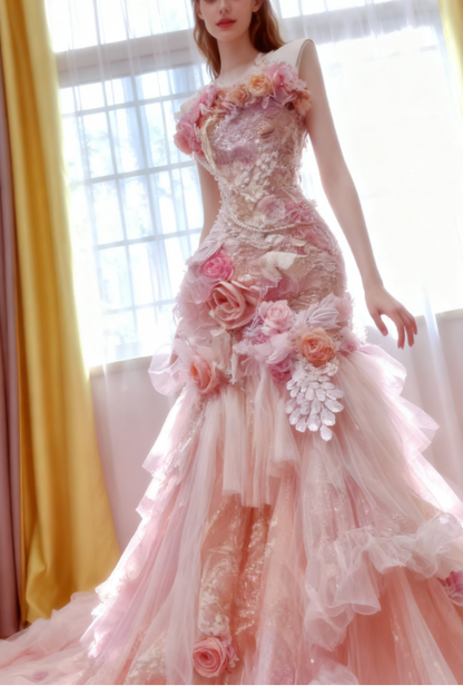 Fairy Halter Mermaid Tulle Applique Long Prom Dresses, Pink Formal Evening Dresses ED04209