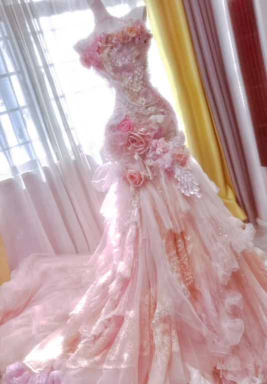 Fairy Halter Mermaid Tulle Applique Long Prom Dresses, Pink Formal Evening Dresses ED04209