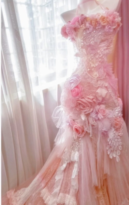 Fairy Halter Mermaid Tulle Applique Long Prom Dresses, Pink Formal Evening Dresses ED04209