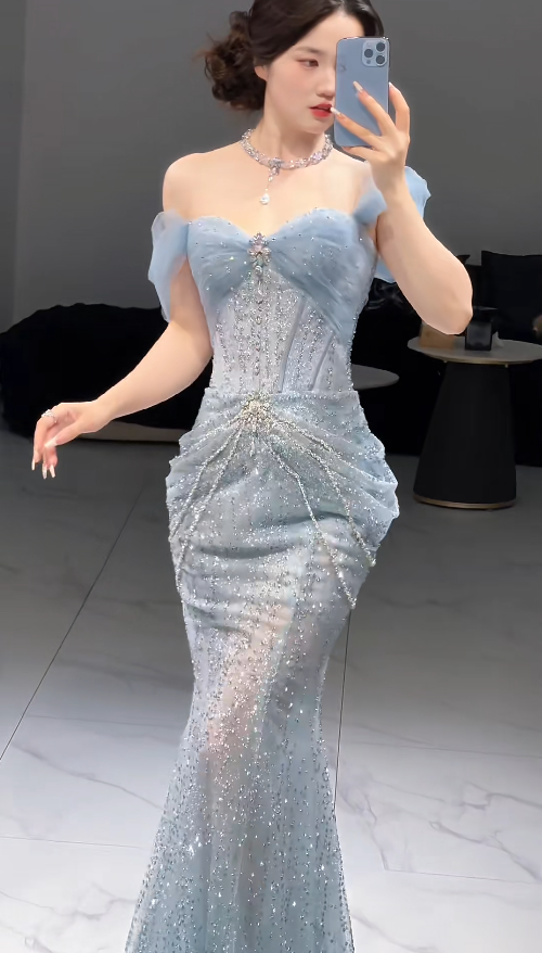 Gorgeous Sweetheart Mermaid Tulle Long Prom Dresses, Blue Formal Evening Dresses ED04211