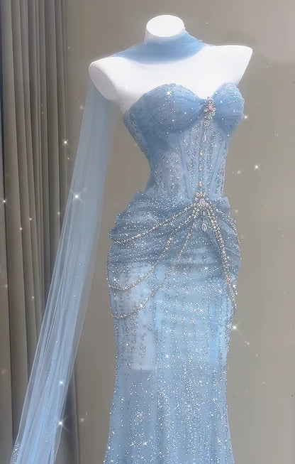 Gorgeous Sweetheart Mermaid Tulle Long Prom Dresses, Blue Formal Evening Dresses ED04211