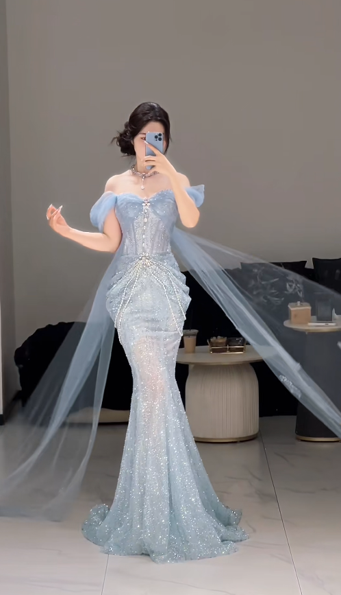 Gorgeous Sweetheart Mermaid Tulle Long Prom Dresses, Blue Formal Evening Dresses ED04211