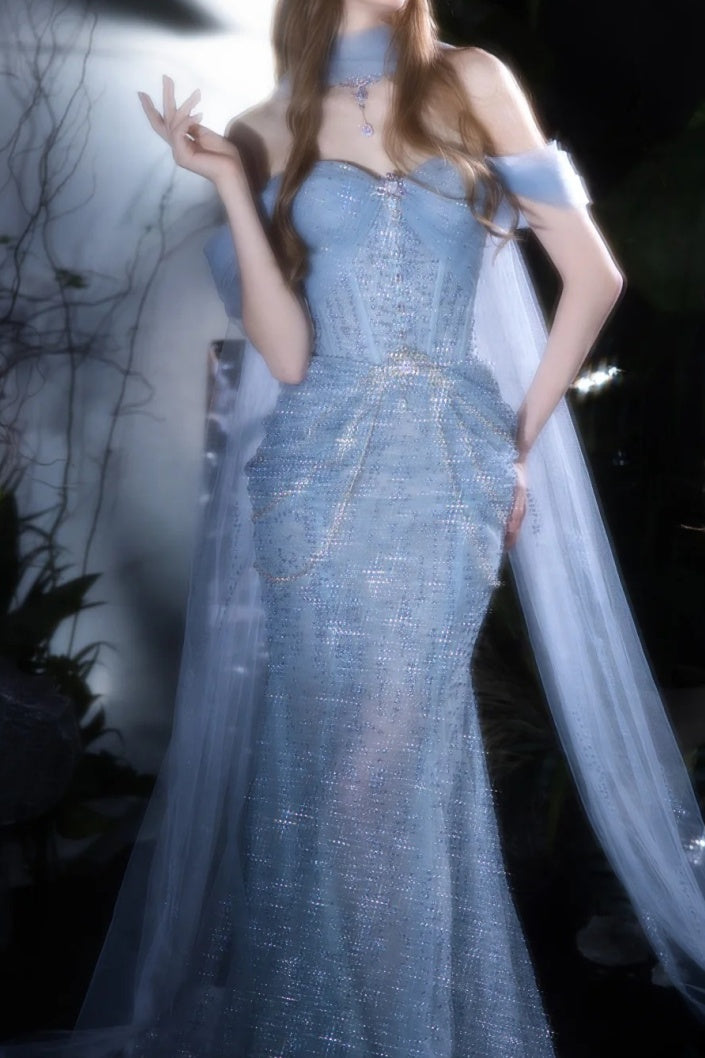 Gorgeous Sweetheart Mermaid Tulle Long Prom Dresses, Blue Formal Evening Dresses ED04211