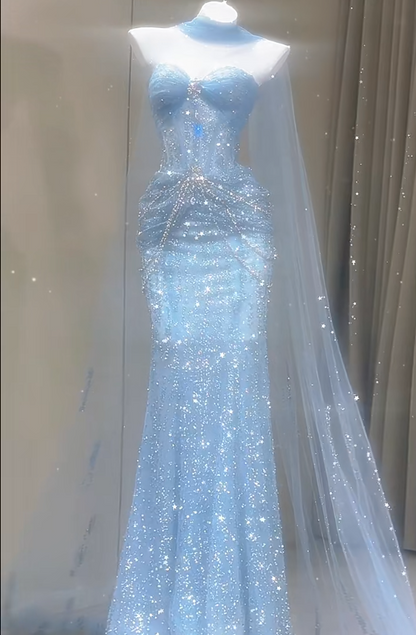 Gorgeous Sweetheart Mermaid Tulle Long Prom Dresses, Blue Formal Evening Dresses ED04211