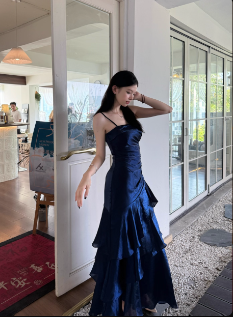 Sweet Spaghetti Strap Sheath Tulle Birthday Dresses, Navy Blue Formal Evening Dresses ED04212