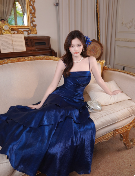 Sweet Spaghetti Strap Sheath Tulle Birthday Dresses, Navy Blue Formal Evening Dresses ED04212