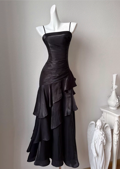 Sweet Spaghetti Strap Sheath Tulle Birthday Dresses, Navy Blue Formal Evening Dresses ED04212