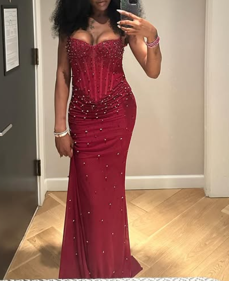 Elegant Strapless Sheath Tulle Beaded Long Prom Dresses, Burgundy Formal Evening Dresses ED04217