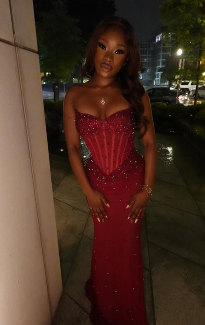 Elegant Strapless Sheath Tulle Beaded Long Prom Dresses, Burgundy Formal Evening Dresses ED04217