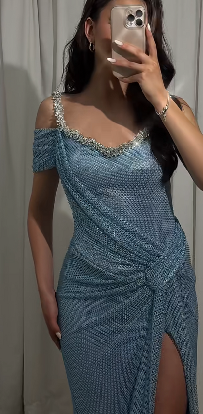 Sexy V-neck Sheath Mesh Slit Long Prom Dresses Gray Blue Formal Evening Dresses ED04229