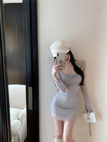 Grau blau sexy hot girl stil mesh langen ärmeln U-neck off-schulter hüfte rock ED0422