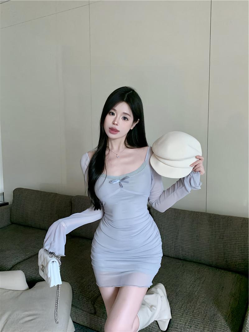 Grau blau sexy hot girl stil mesh langen ärmeln U-neck off-schulter hüfte rock ED0422