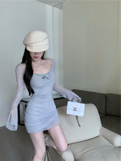 Grau blau sexy hot girl stil mesh langen ärmeln U-neck off-schulter hüfte rock ED0422