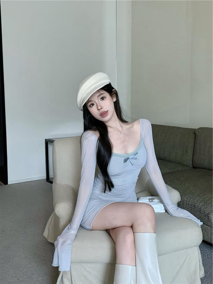 Grau blau sexy hot girl stil mesh langen ärmeln U-neck off-schulter hüfte rock ED0422