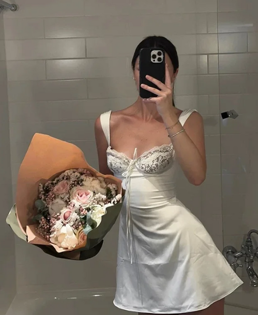 Sexy Strap Sheath Satin Lace Short Prom Dresses, White Homecoming Dresses ED04232