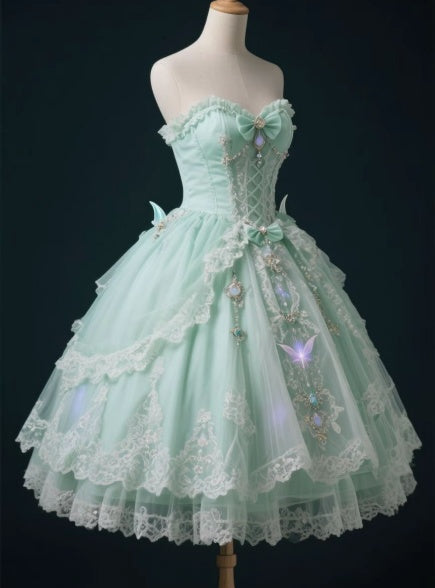 Vintage Strapless Ball Gown Lace Applique Short Birthday Dress Cute Green Lolita Dress  ED04236