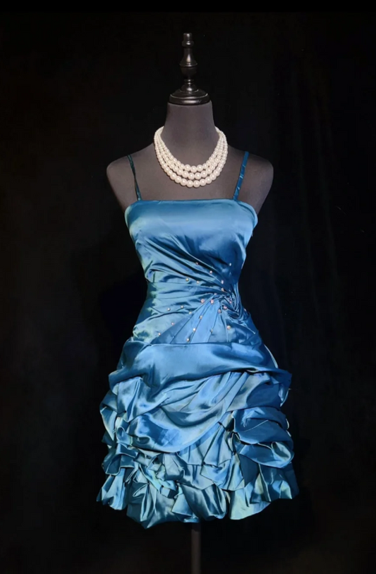 Elegant Spaghetti Strap Bodycon Satin Short Prom Dresses Blue Homecoming Dresses ED04246