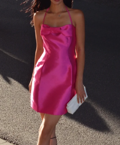 Sexy Halter  Sheath Satin Short Prom Dresses, Fuchsia Homecoming Dresses ED04247