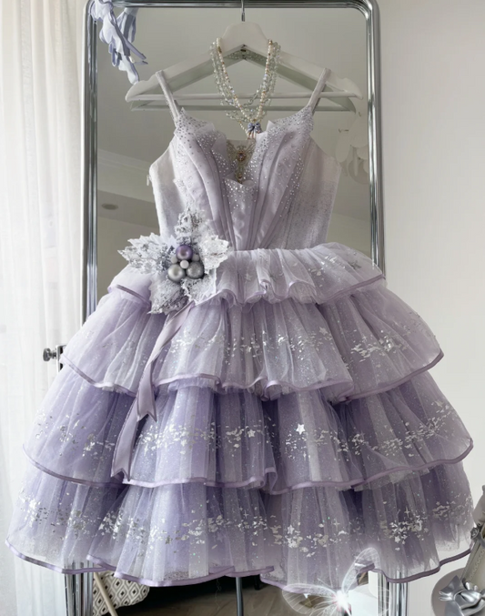 Sweet Spaghetti Strap Ball Gown Tulle Short Prom Dresses, Purple Homecoming Dresses ED04248