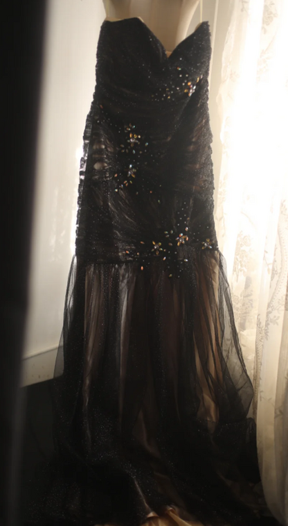 Elegant Sweetheart Mermaid Tulle Beaded Long Prom Dresses, Black Formal Dresses ED04254