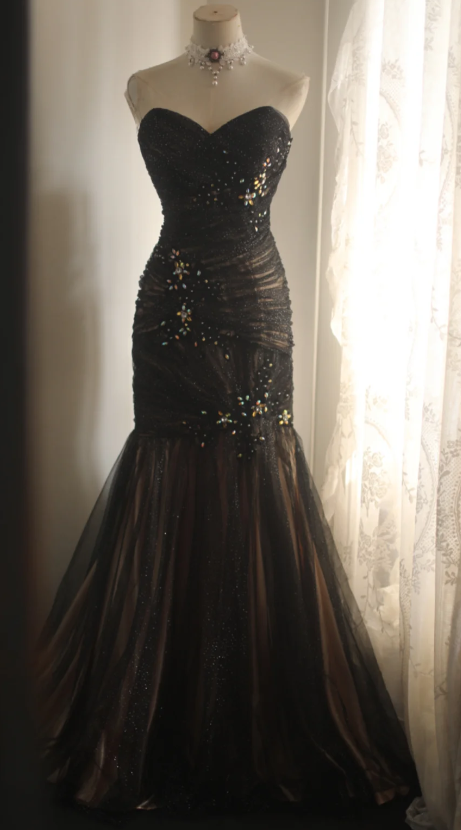 Elegant Sweetheart Mermaid Tulle Beaded Long Prom Dresses, Black Formal Dresses ED04254