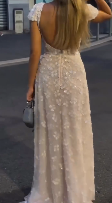 Elegant Square Neck Sheath Chiffon Appliqué Long Prom Dresses, White Backless Formal Dresses ED04256