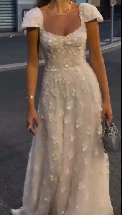Elegant Square Neck Sheath Chiffon Appliqué Long Prom Dresses, White Backless Formal Dresses ED04256