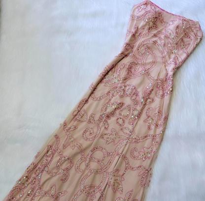 Vintage Strapless Sheath Chiffon Beaded Long Prom Dresses, Sparkly Backless Formal Evening Dresses ED04258