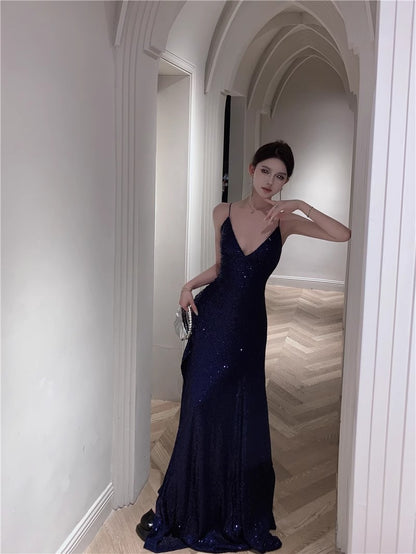 Robe de bal longue bleu marine à bretelles spaghetti, coupe trapèze, col en V, paillettes, robe de soirée pour adulte, cérémonie, remise de diplôme, ED0426
