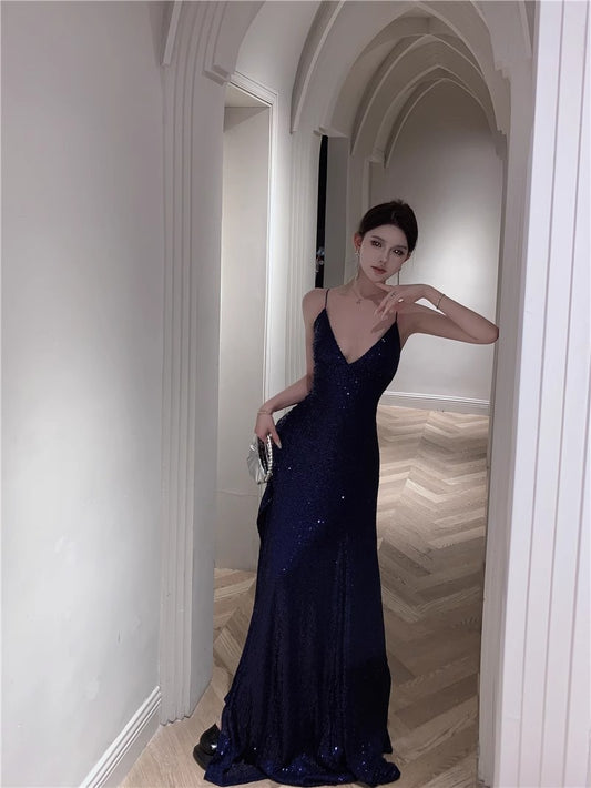 Robe de bal longue bleu marine à bretelles spaghetti, coupe trapèze, col en V, paillettes, robe de soirée pour adulte, cérémonie, remise de diplôme, ED0426