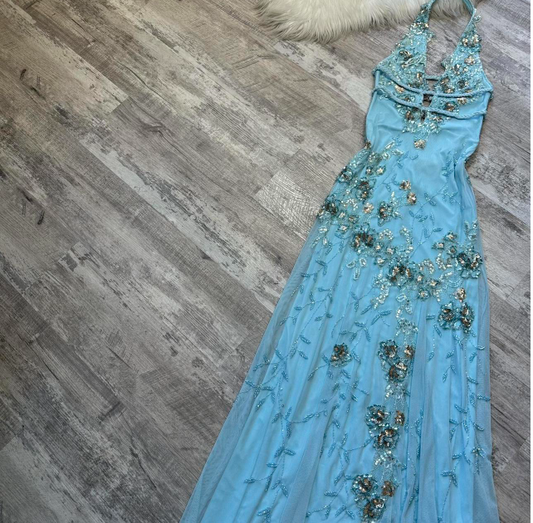 Vintage V neck Sheath Chiffon Beaded Long Prom Dresses, Blue Backless Formal Evening Dresses ED04262
