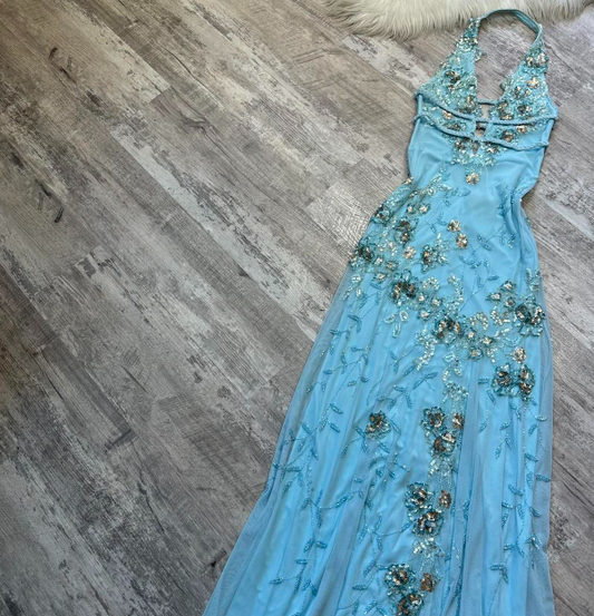 Vintage V neck Sheath Chiffon Beaded Long Prom Dresses, Blue Backless Formal Evening Dresses ED04262