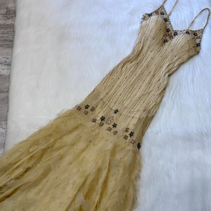 Vintage Spaghetti Strap Sheath Chiffon Beaded Long Prom Dresses, Yellow Formal Evening Dresses ED04265