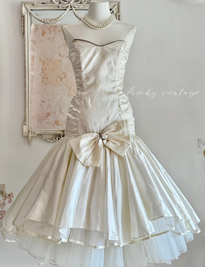 Vintage Strapless Ball Gown Satin Short Prom Dresses White Homecoming Dresses Birthday Dresses ED04292