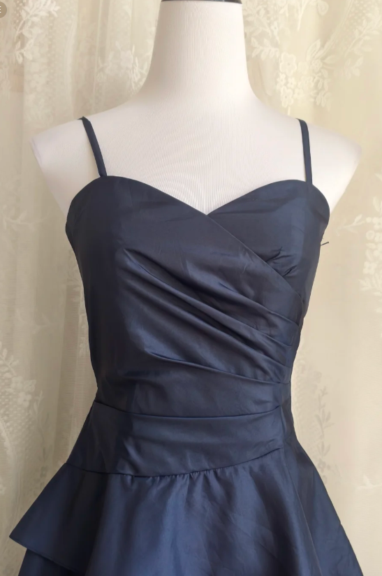 Vintage Spaghetti Straps A-line Satin Short Prom Dresses,Navy  Blue Homecoming Dresses 18th Birthday Dresses ED04297