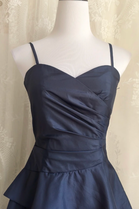 Vintage Spaghetti Straps A-line Satin Short Prom Dresses,Navy  Blue Homecoming Dresses 18th Birthday Dresses ED04297