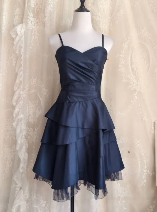 Vintage Spaghetti Straps A-line Satin Short Prom Dresses,Navy  Blue Homecoming Dresses 18th Birthday Dresses ED04297
