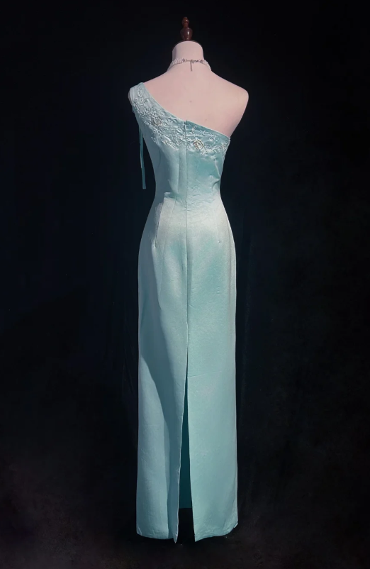 Elegant One Shoulder Sheath Satin Prom Dresses, Sky Blue Formal Dresses ED04299