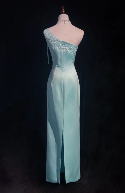 Elegant One Shoulder Sheath Satin Prom Dresses, Sky Blue Formal Dresses ED04299