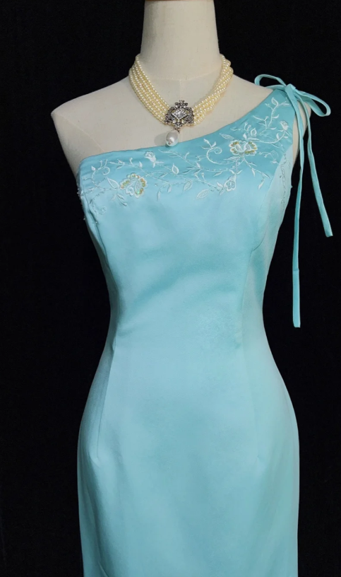 Elegant One Shoulder Sheath Satin Prom Dresses, Sky Blue Formal Dresses ED04299