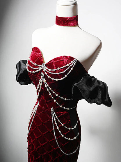 Mermaid Sweetheart Neck Velvet Beads Long Prom Dress Burgundy  Wedding Dress Pretty Birthday Dress ED043