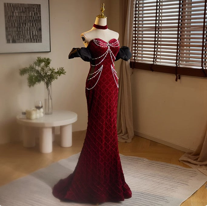 Mermaid Sweetheart Neck Velvet Beads Long Prom Dress Burgundy  Wedding Dress Pretty Birthday Dress ED043